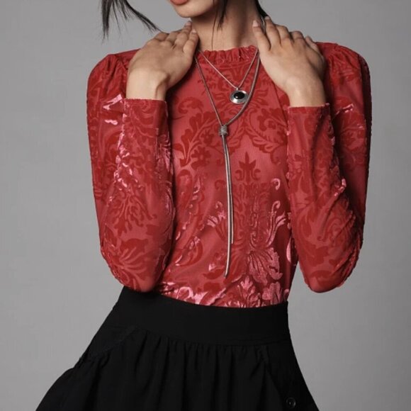 Anthropologie Velvet Burnout Blouse Pink Sheer Tie Neck Paisley Whimsygoth XL - Picture 3 of 12